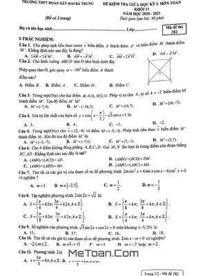 Đề thi giữa HK1 Toán 11 năm 2020 - 2021 trường THPT Đoàn Kết - Hai Bà Trưng - Hà Nội