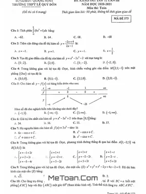 Đề khảo sát Toán 12 lần 3 năm 2020 - 2021 trường Lê Quý Đôn - Quảng Ninh