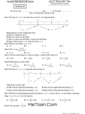 Đề thi khảo sát Toán 12 lần 2 năm 2017 - 2018 trường Phan Chu Trinh - Đắk Lắk