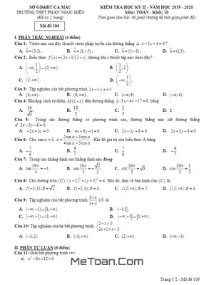 Đề thi HK2 Toán 10 năm 2019 - 2020 trường THPT Phan Ngọc Hiển - Cà Mau