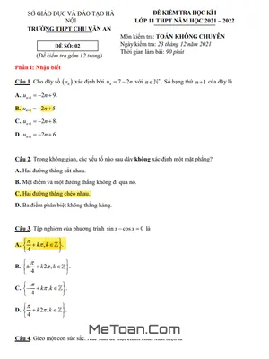 Đề thi học kì 1 Toán 11 năm 2021 - 2022 trường THPT Chu Văn An - Hà Nội