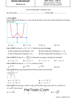 Đề thi giữa kì 1 Toán 12 năm 2023 - 2024 trường THPT Kim Liên - Nghệ An