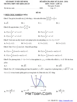 Đề thi học kì 2 Toán 12 năm 2018 - 2019 trường THPT Thủ Khoa Huân - TP HCM