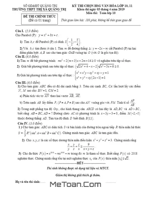 Đề thi chọn HSG Toán 10 năm 2018 - 2019 trường THPT Thị xã Quảng Trị