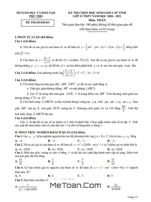 Đề thi HSG cấp tỉnh Toán 12 năm 2020 - 2021 Sở GD&ĐT Phú Thọ