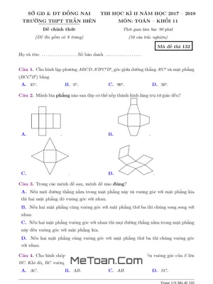 Đề thi HK2 Toán 11 năm 2017 - 2018 trường THPT Trấn Biên - Đồng Nai