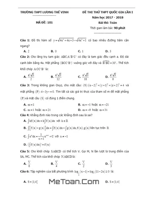Đề thi thử THPT Quốc gia 2018 môn Toán trường THPT Lương Thế Vinh – Hà Nội (lần 1) có đáp án