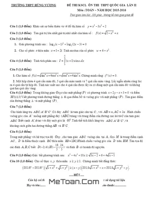 Đề thi thử THPT Quốc Gia 2016 môn Toán - Trường THPT Hùng Vương - Phú Thọ lần 2 (có đáp án)