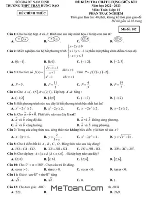 Đề Thi Giữa Kì 1 Toán 10 Năm 2022 - 2023 Trường THPT Trần Hưng Đạo - Nam Định