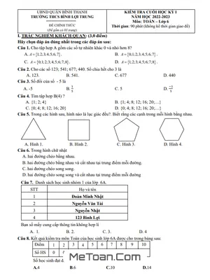 Đề Tham Khảo Cuối Kỳ 1 Toán Lớp 6 Năm 2022 - 2023 Trường THCS Bình Lợi Trung - TP.HCM