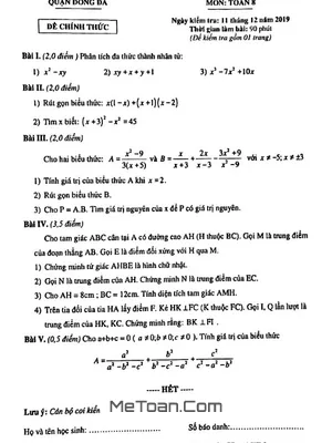 Đề thi học kỳ 1 Toán 8 năm 2019 - 2020 phòng GD&ĐT Đống Đa - Hà Nội