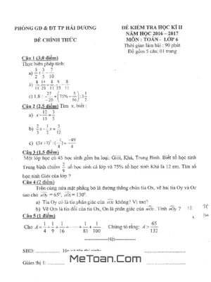 Đề thi học kì 2 Toán lớp 6 năm 2016 - 2017 phòng GD&ĐT TP. Hải Dương