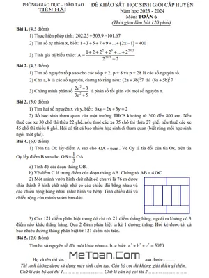 Đề thi học sinh giỏi Toán 6 năm 2023 - 2024 phòng GD&ĐT Tiền Hải - Thái Bình