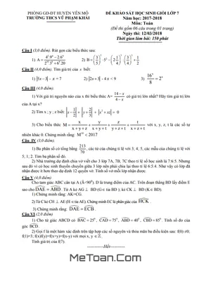 Đề thi HSG Toán 7 năm 2017 - 2018 trường THCS Vũ Phạm Khải - Ninh Bình (có đáp án)