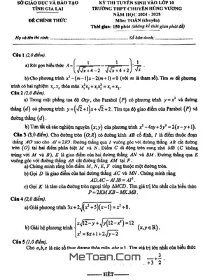 Đề thi vào lớp 10 môn Toán (chuyên) năm 2024 - 2025 trường chuyên Hùng Vương - Gia Lai