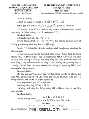 Đề thi thử Toán vào 10 đợt 1 năm 2023 phòng GD&ĐT Hoàng Mai – Nghệ An