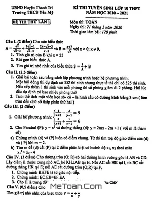 Đề thi thử Toán vào lớp 10 năm 2020 - 2021 trường THCS Yên Mỹ - Hà Nội