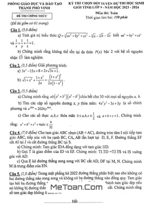 Đề chọn đội tuyển thi HSG Toán 9 năm 2023 - 2024 phòng GD&ĐT Vinh - Nghệ An
