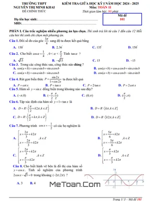Đề Thi Giữa Kỳ 1 Toán 11 Năm 2024 - 2025 Trường THPT Nguyễn Thị Minh Khai - Hà Tĩnh