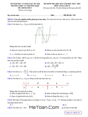 Đề thi học kì 1 Toán 12 năm 2024 - 2025 trường THPT Lý Thường Kiệt - Hà Nội