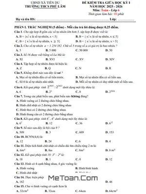 Đề thi giữa học kỳ 1 Toán 6 năm học 2025 – 2026 trường THCS Phú Lâm – Bắc Ninh