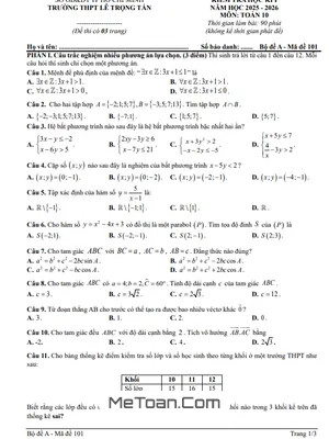 Đề học kỳ 1 Toán 10 năm 2025 – 2026 trường THPT Lê Trọng Tấn – TP HCM
