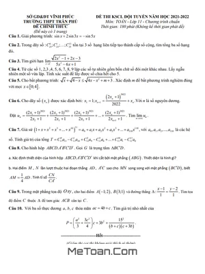 Đề khảo sát đội tuyển Toán 11 lần 2 năm 2021 - 2022 trường THPT Trần Phú - Vĩnh Phúc