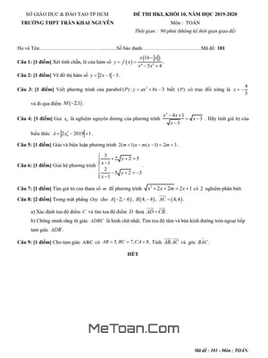 Đề thi học kì 1 Toán 10 năm 2019 - 2020 trường THPT Trần Khai Nguyên - TP HCM