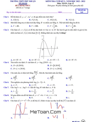 Đề thi Học Kỳ 1 Toán 12 năm 2022 - 2023 trường THPT Phú Nhuận - TP.HCM (có đáp án)