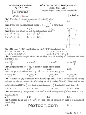 Đề thi HK1 Toán 12 năm học 2018 - 2019 sở GD&ĐT Quảng Nam