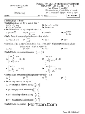 Đề kiểm tra giữa học kỳ 1 Toán 11 năm 2019 - 2020 trường chuyên Lê Khiết - Quảng Ngãi