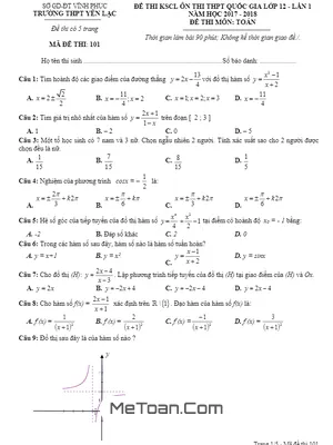 Đề thi KSCL Toán 12 lần 1 năm 2017-2018 trường Yên Lạc - Vĩnh Phúc (có đáp án)