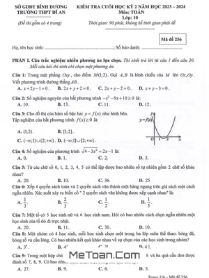 Đề Thi Cuối Kỳ 2 Toán 10 Năm 2023 - 2024 Trường THPT Dĩ An - Bình Dương