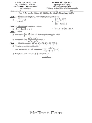 Đề thi học kì 2 môn Toán lớp 10 năm 2019 - 2020 trường THPT Thăng Long - TP.HCM (có đáp án)