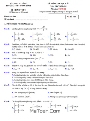 Đề thi cuối kỳ 1 Toán 11 năm 2020 - 2021 trường THPT Hồng Lĩnh - Hà Tĩnh