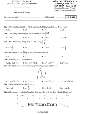 Đề Thi Giữa Kỳ 1 Toán 12 Năm 2023 - 2024 Trường THPT Lạng Giang 1 - Bắc Giang