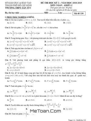 Đề thi HK2 Toán 12 năm 2018 - 2019 trường THPT Tân Túc - TP HCM