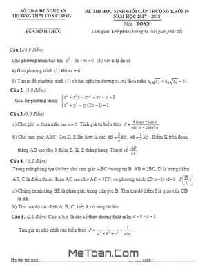 Đề thi chọn HSG cấp trường Toán 10 năm 2017 - 2018 trường THPT Con Cuông - Nghệ An