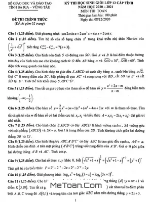 Đề thi HSG Toán 12 cấp tỉnh năm 2020 - 2021 sở GD&ĐT Bà Rịa - Vũng Tàu