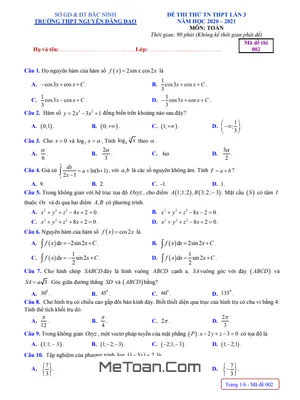 Đề thi thử THPT Quốc gia 2021 môn Toán lần 3 trường Nguyễn Đăng Đạo – Bắc Ninh