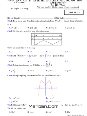 Đề thi thử tốt nghiệp THPT 2020 môn Toán lần 1 sở GD&ĐT Bắc Giang