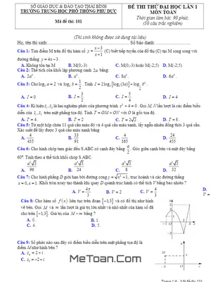 Đề thi thử Đại học môn Toán năm 2019 lần 1 trường THPT Phụ Dực - Thái Bình