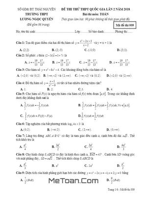Đề Thi Thử Toán THPTQG 2018 Trường Lương Ngọc Quyến – Thái Nguyên Lần 2 Có Đáp Án