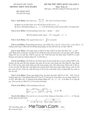 Đề Thi Thử THPT Quốc Gia 2016 Môn Toán - Trường Ngô Sĩ Liên - Bắc Giang Lần 3
