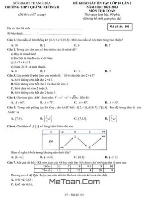 Đề khảo sát Toán 10 lần 2 năm 2022 – 2023 trường THPT Quảng Xương 2 – Thanh Hóa