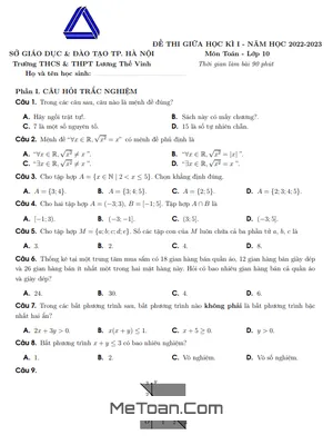 Đề thi giữa kì 1 Toán 10 năm 2022 - 2023 trường Lương Thế Vinh - Hà Nội