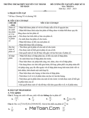 Đề Cương Ôn Tập Giữa Kì 2 Môn Toán Lớp 6 Năm 2023 - 2024 Trường Nguyễn Tất Thành - Hà Nội