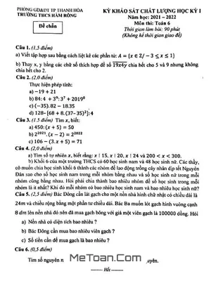 Đề thi học kỳ 1 Toán lớp 6 năm 2021 - 2022 trường THCS Hàm Rồng - Thanh Hóa