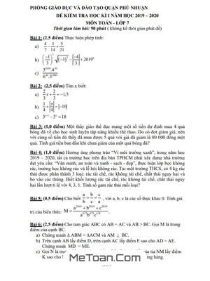Đề thi học kỳ 1 Toán lớp 7 năm 2019 - 2020 phòng GD&ĐT Phú Nhuận - TP.HCM