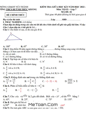 Đề thi giữa kỳ 1 Toán 7 năm 2022 - 2023 trường THCS Huỳnh Thúc Kháng - Quảng Nam